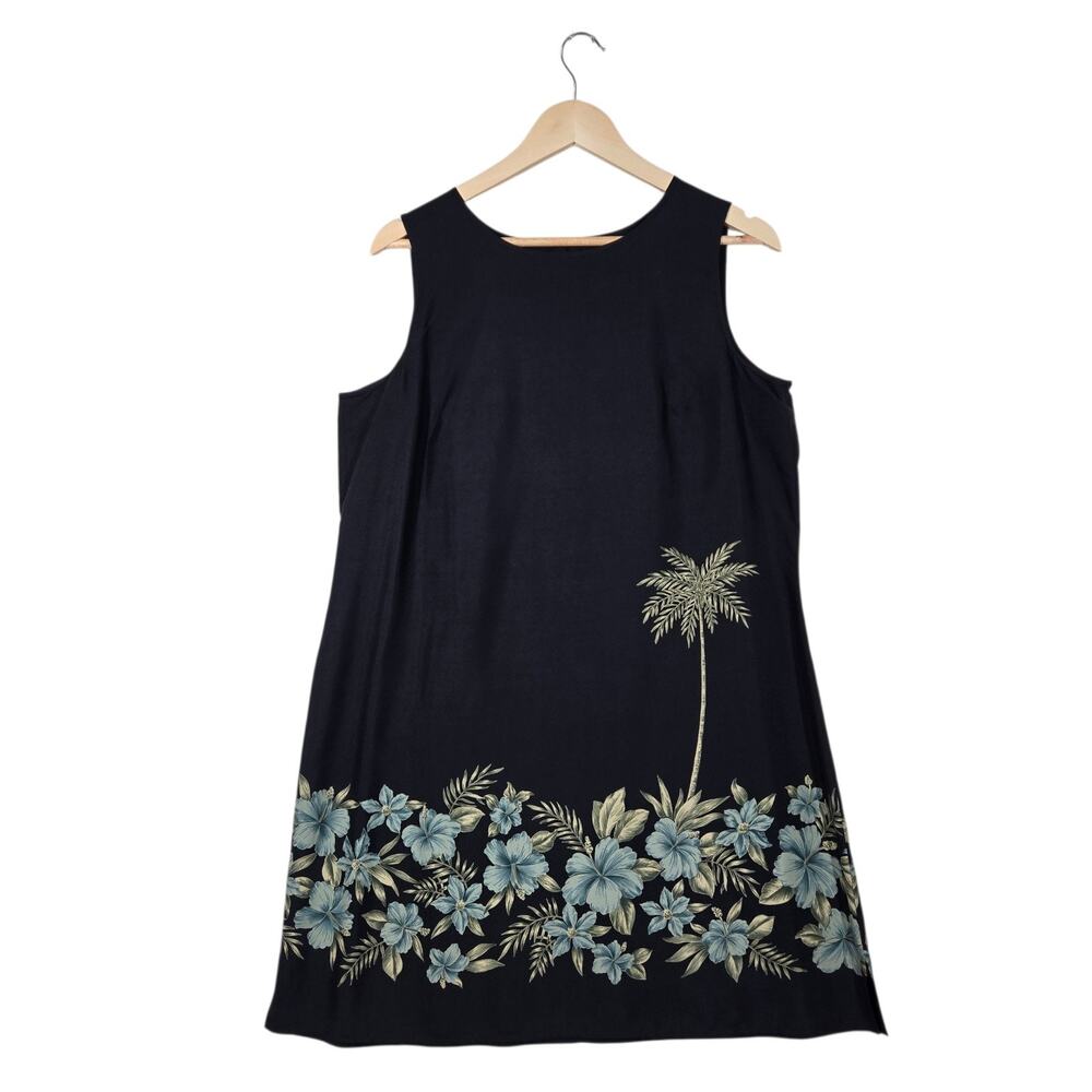 Coldwater Creek Silk Dress Petite 14 Black Tropical Floral Border Resort